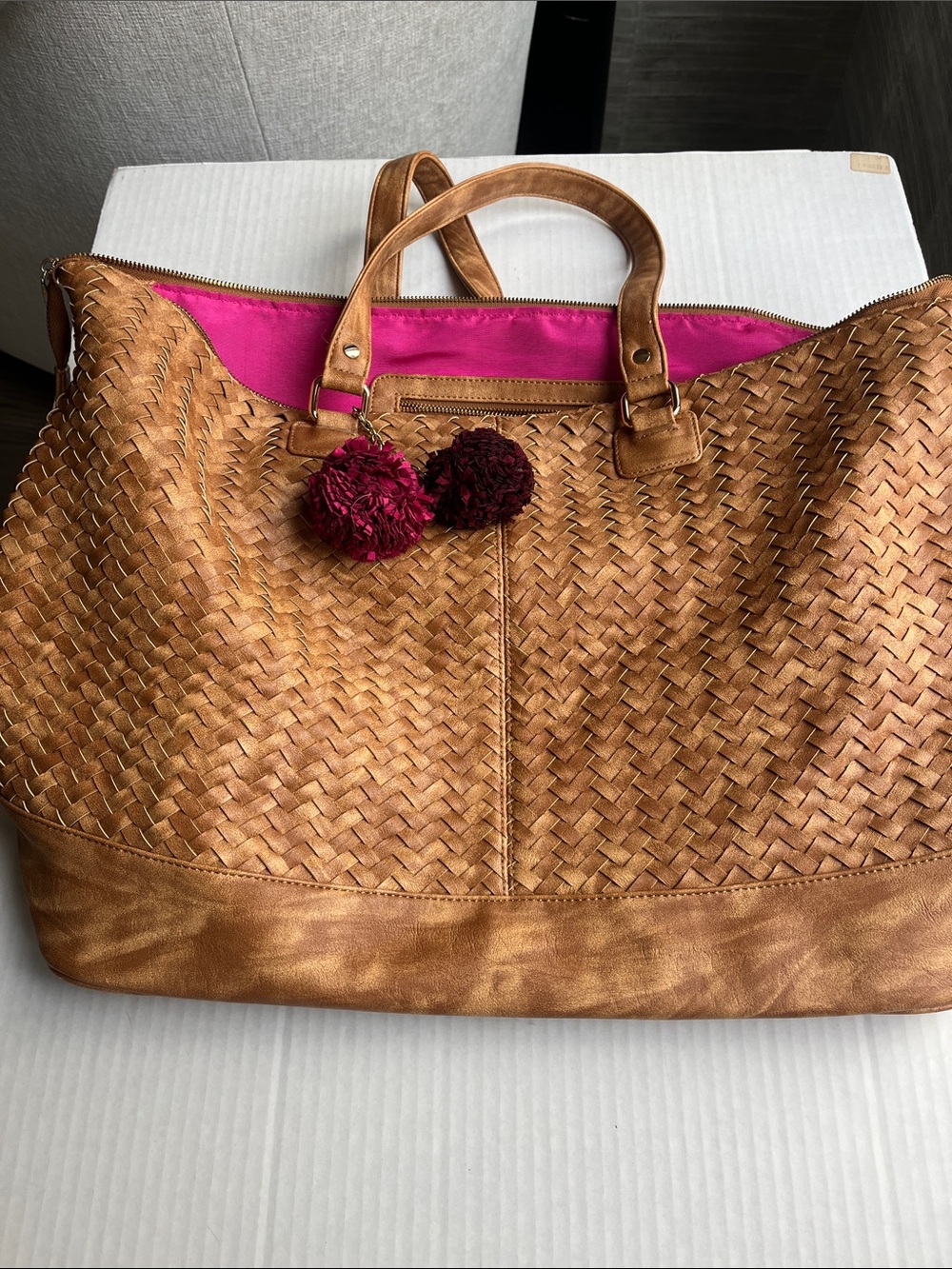 Deux Lux Woven Tan Tote with Pink Lining and Pom Pom Charms